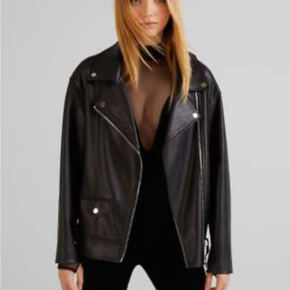 Bershka oversized Black Leather Biker Jacket